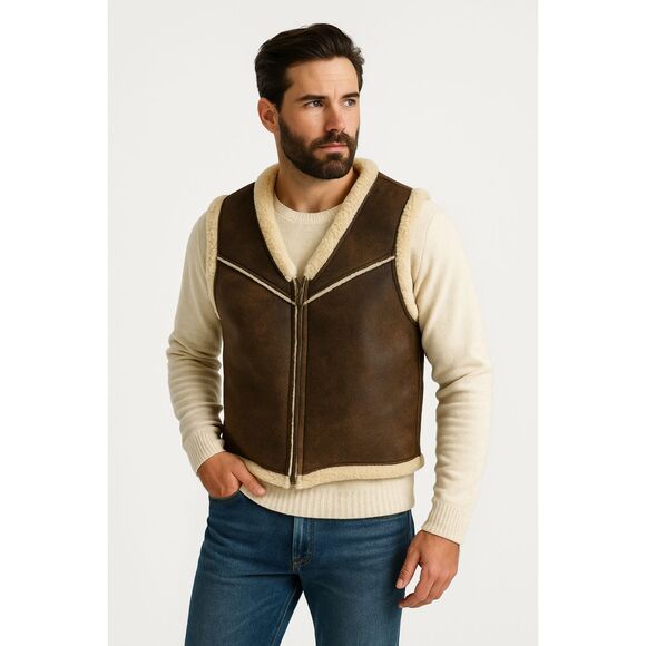 Vintage 1989 Ralph Lauren Shearling Sheepskin Vest Men’s Medium Brown Sherpa USA - Picture 1 of 5